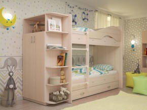 Кровать 2-х ярусная Мая с ящиками и шкафом на латофлексах млечный дуб в Качканаре - kachkanar.magazinmebel.ru | фото