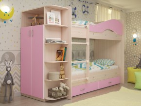 Кровать 2-х ярусная Мая с ящиками и шкафом на латофлексах розовый в Качканаре - kachkanar.magazinmebel.ru | фото