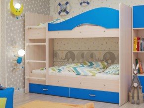 Кровать 2-х ярусная Мая с ящиками на латофлексах млечный дуб/синий в Качканаре - kachkanar.magazinmebel.ru | фото - изображение 1